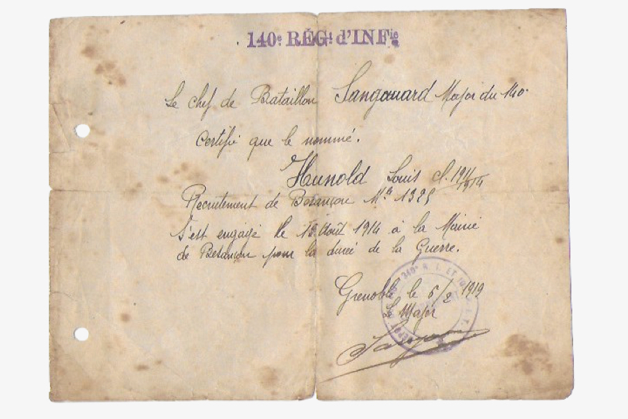 Attestation de recrutement au 140e Régiment d'Infanterie.