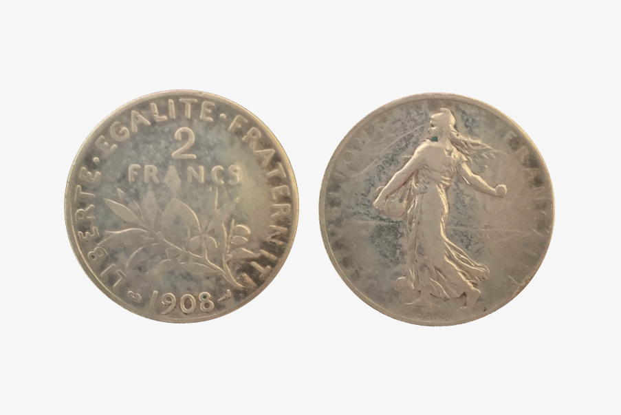 Pièce de monnaie (2 Francs) de 1908.