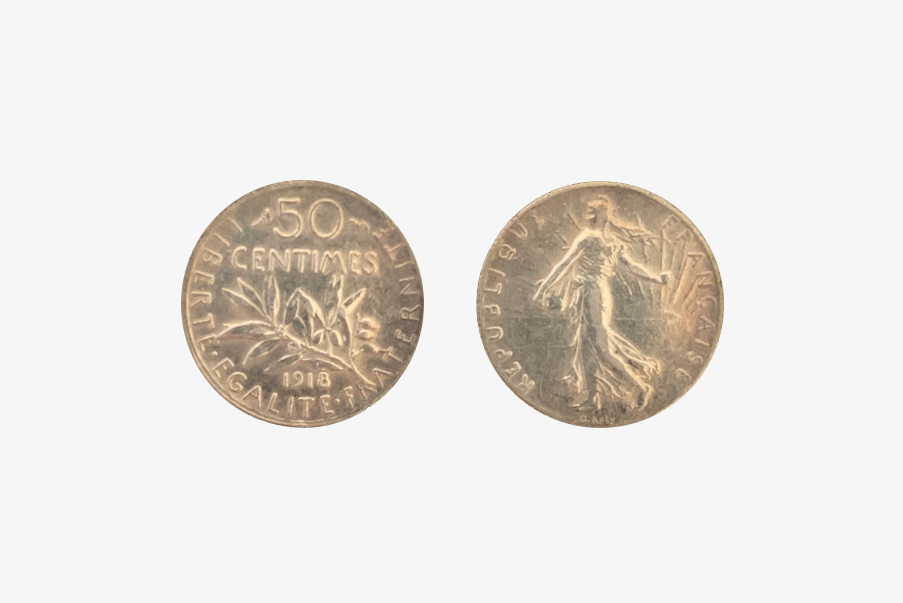 Pièce de monnaie (50 centimes) de 1918.